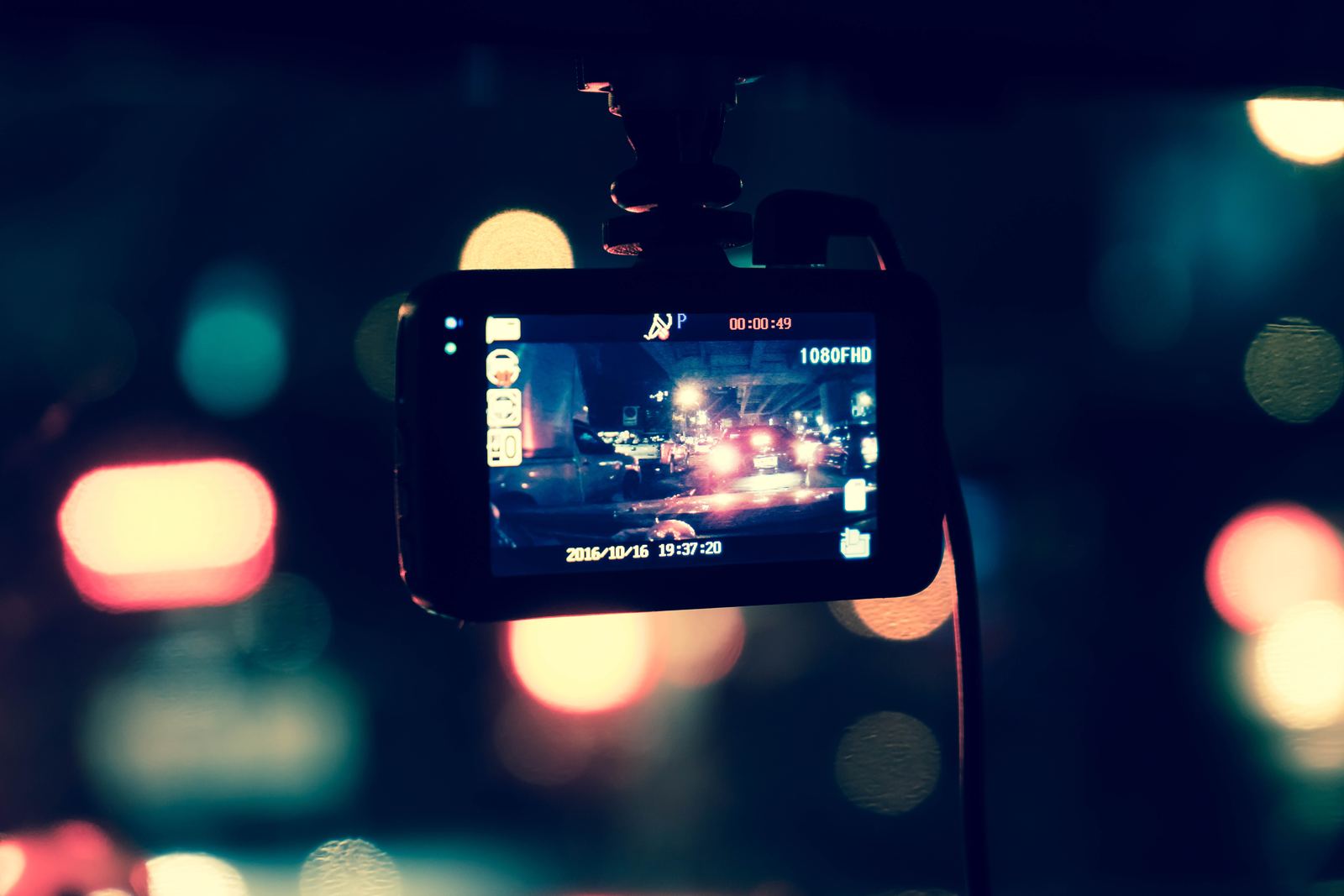 Dash camera recording night traffic