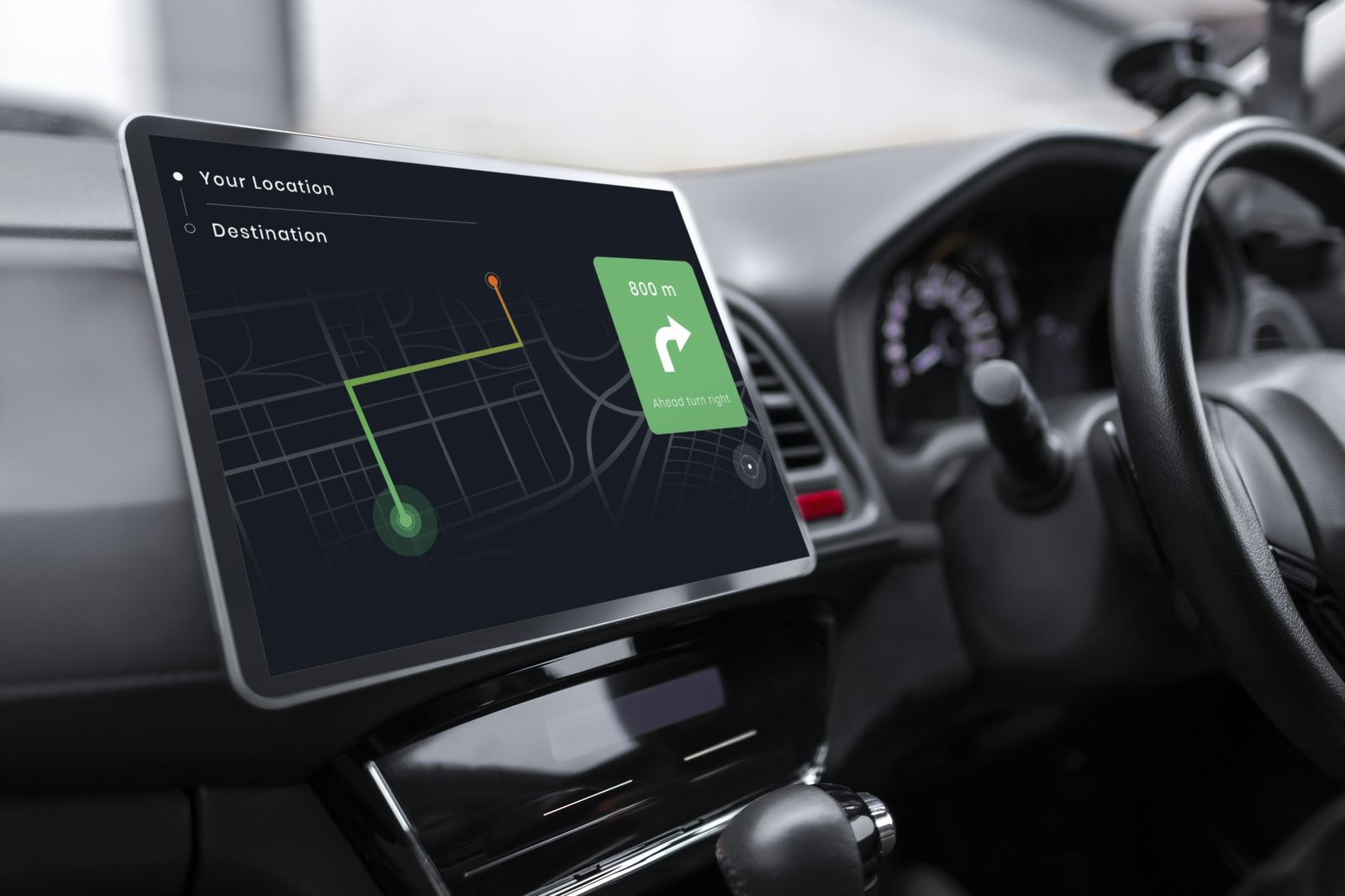In-dash GPS navigation showing real-time route